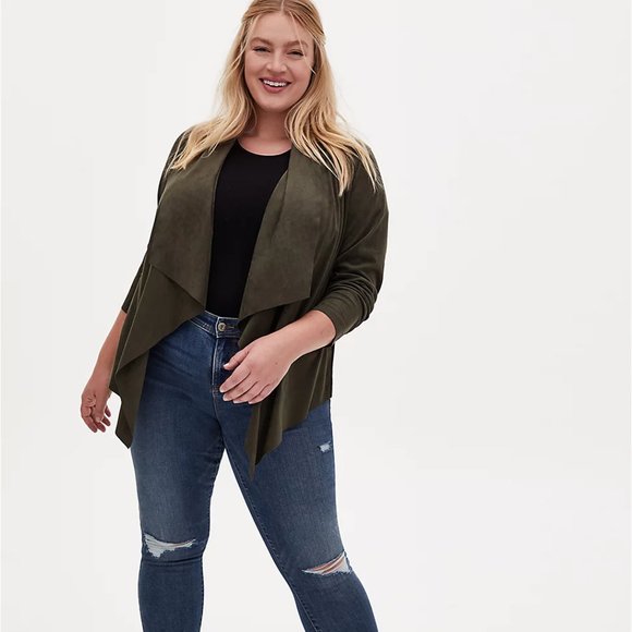 Torrid 3 Olive Green Faux Suede Drape Front Jacket - Picture 2 of 5